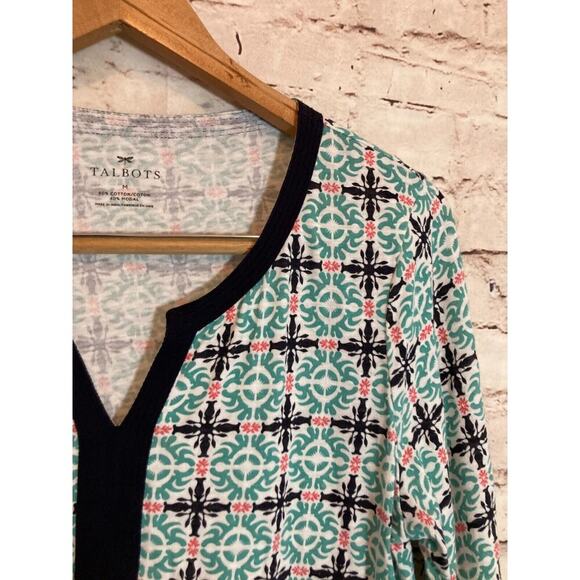 Talbots Top Womens Medium Tunic Turquoise Medallion Print Cotton Modal Stretch - Picture 4 of 12